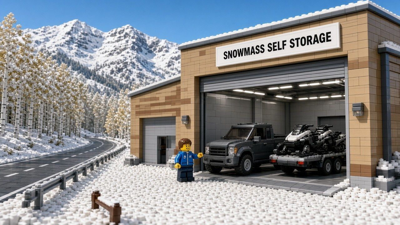 Lego style enclosed drive-up vehicle unit at Snowmass Self Storage with a pickup and a trailer of snowmobiles inside, a staff minifigure waving, and a snowy highway and aspen trees beside it