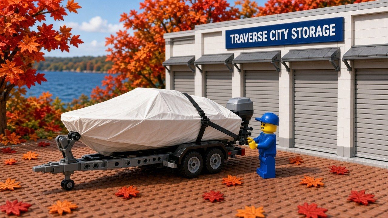 Lego style Traverse City scene with a shrink-wrapped boat on a trailer at a drive-up storage row, a staff minifigure, autumn trees and Grand Traverse Bay in the background at Traverse City Storage