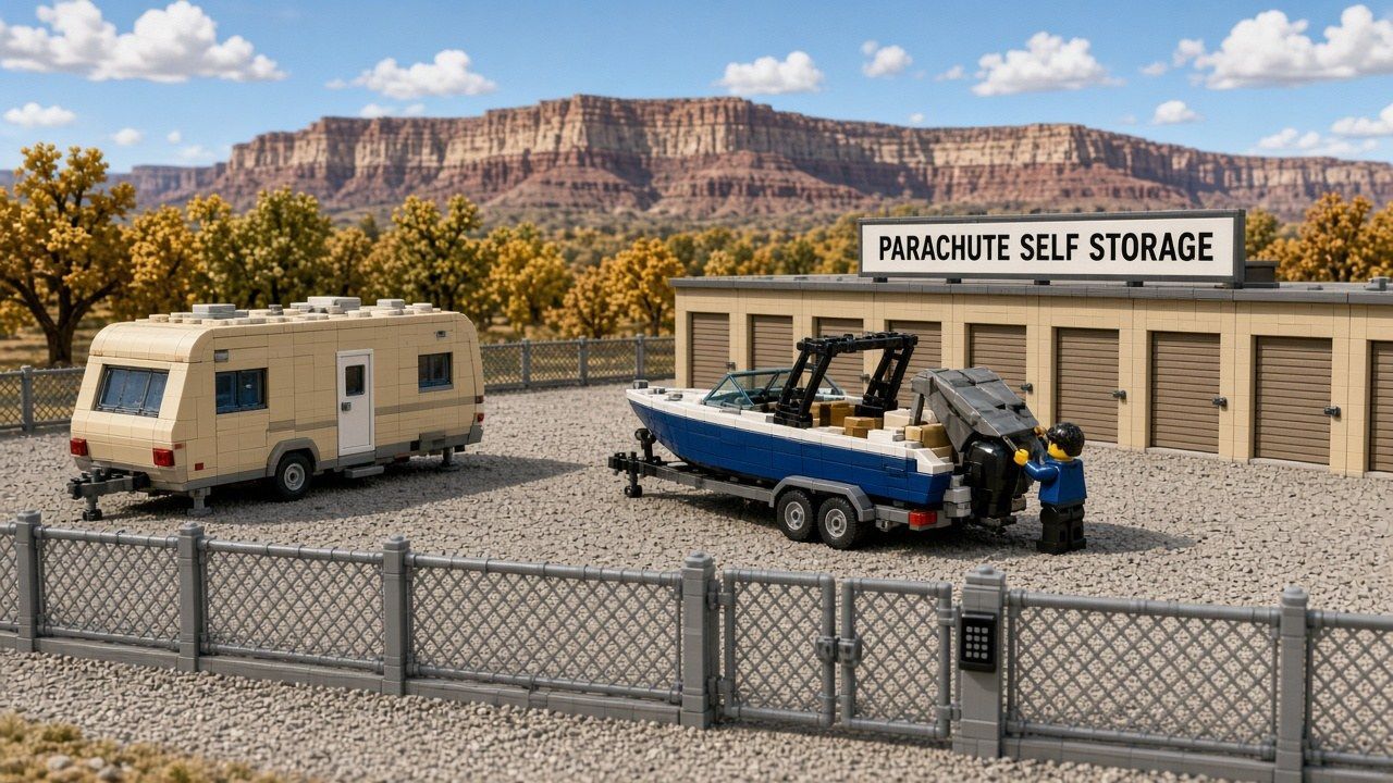 Lego style gravel storage lot at Parachute Self Storage with a travel trailer and a blue ski boat on a trailer behind a chain link fence with a keypad gate, drive-up units and a mesa behind