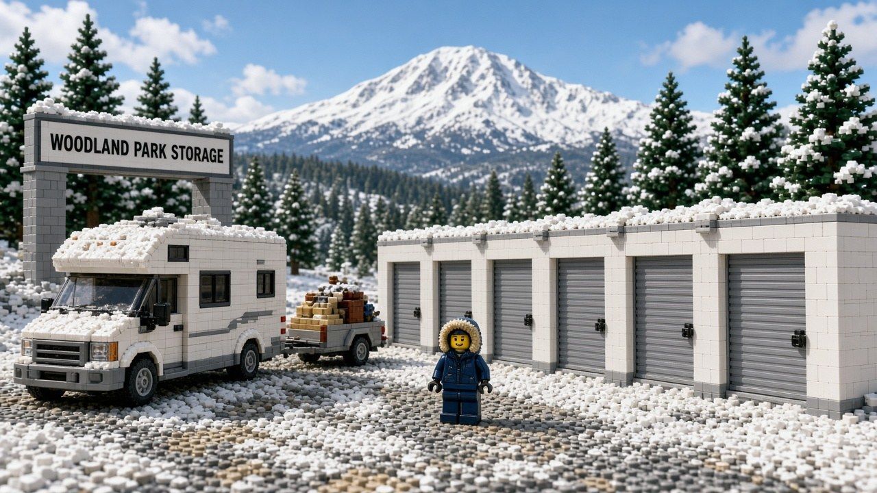 Lego style Woodland Park scene with an RV and a trailer parked near drive-up storage units, snowy pine trees, a staff minifigure, and Pikes Peak behind Woodland Park Storage