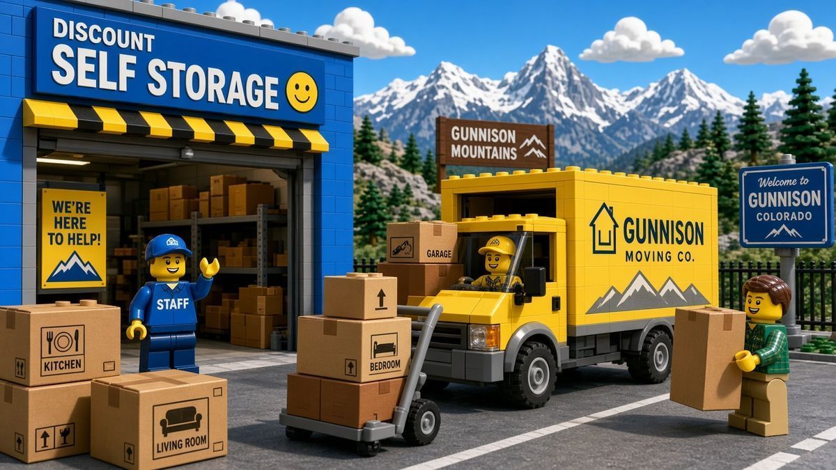 Lego style Gunnison moving scene with a blue Discount Self Storage building, a staff minifigure waving by an open unit, a yellow Gunnison moving truck, boxes on a hand truck, and a Welcome to Gunnison sign under snowy mountains