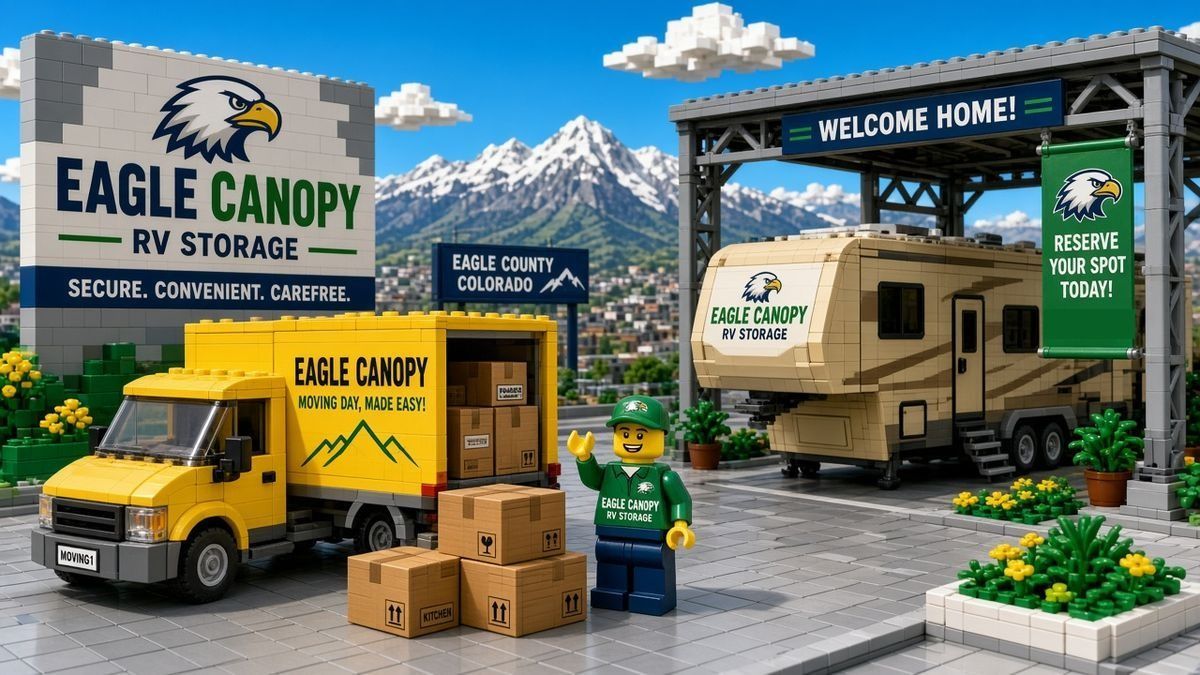 Lego style Eagle Canopy RV Storage scene with a yellow moving truck, stacked boxes, a waving worker in green, and a fifth wheel trailer parked under a steel canopy with mountains behind