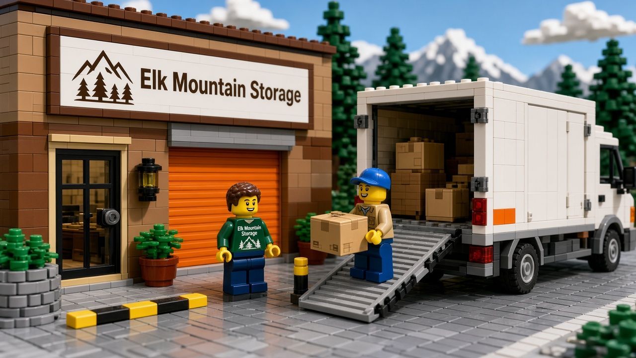 Lego style Elk Mountain Storage storefront with an orange roll-up door, a worker in a green Elk Mountain Storage shirt, and a mover carrying a box down the ramp of a white moving truck, pine trees and snowy peaks behind
