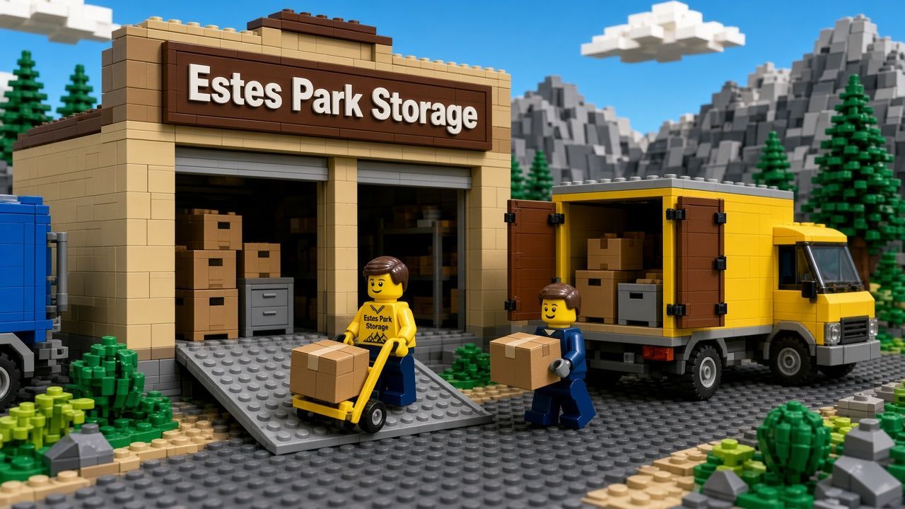 Lego style Estes Park Storage scene with a worker in a yellow Estes Park Storage shirt wheeling boxes down a ramp from open roll-up units toward a yellow moving truck, pine trees and rocky peaks behind