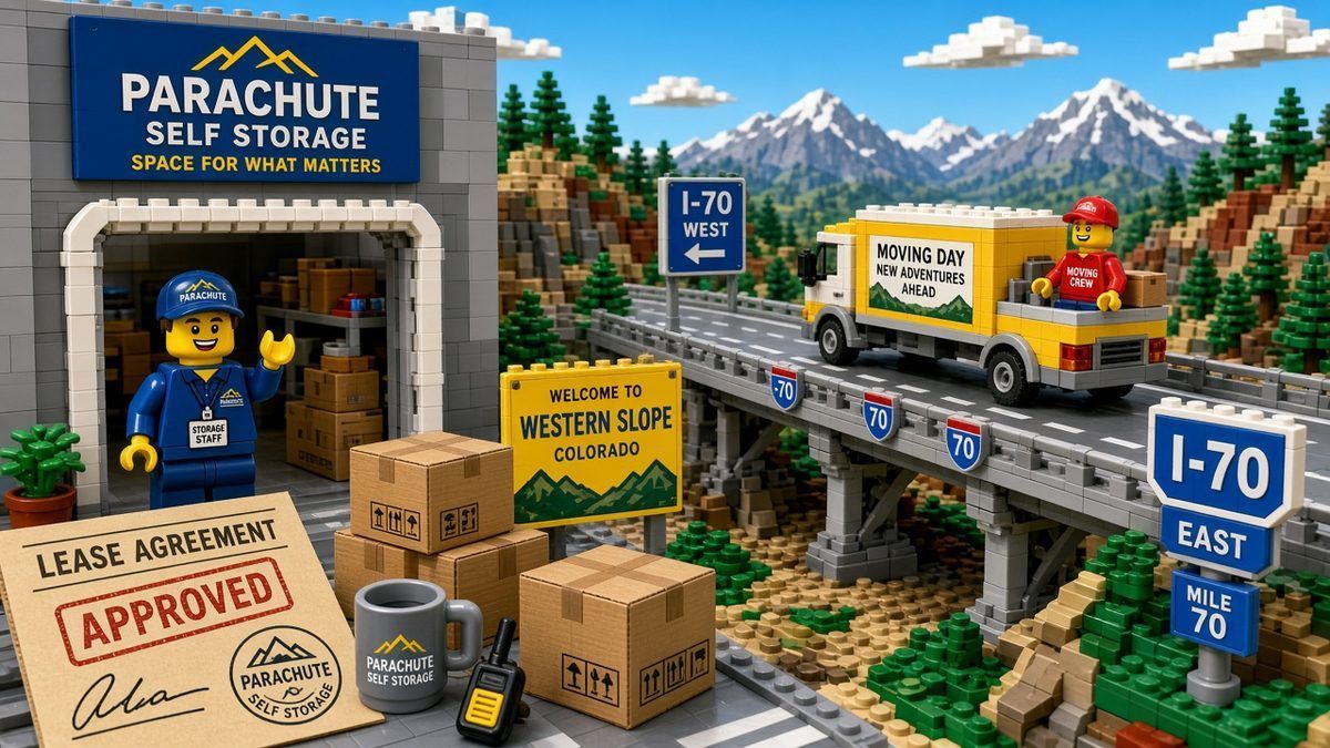 Lego style Parachute Self Storage scene with a waving storage worker, stacked boxes, an approved lease agreement, and a yellow moving day truck on an I-70 overpass beside a Welcome to Western Slope sign