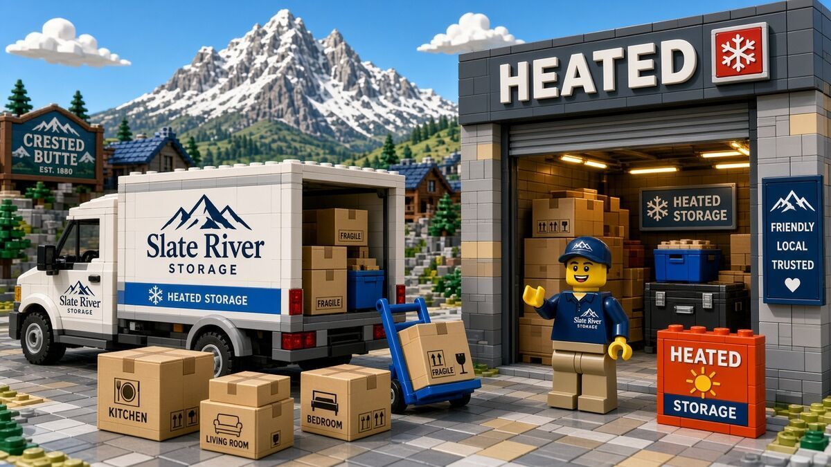Lego style Slate River Storage moving scene with a white heated storage truck, boxes labeled kitchen, living room, and bedroom, a smiling worker in navy, and an open heated storage unit below a snowy Crested Butte peak
