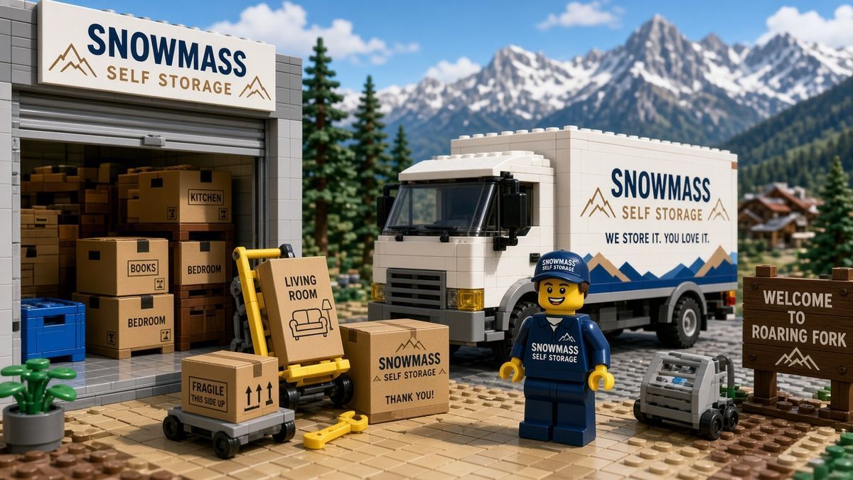 Lego style Snowmass Self Storage moving scene with a white branded moving truck, a smiling worker in navy, labeled boxes on a hand truck, an open roll-up unit, and a Welcome to Roaring Fork sign below snowy peaks