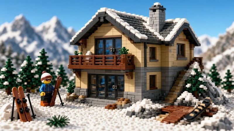 Lego-style mountain chalet scene for second-home ski season storage prep near Vail Airport Storage