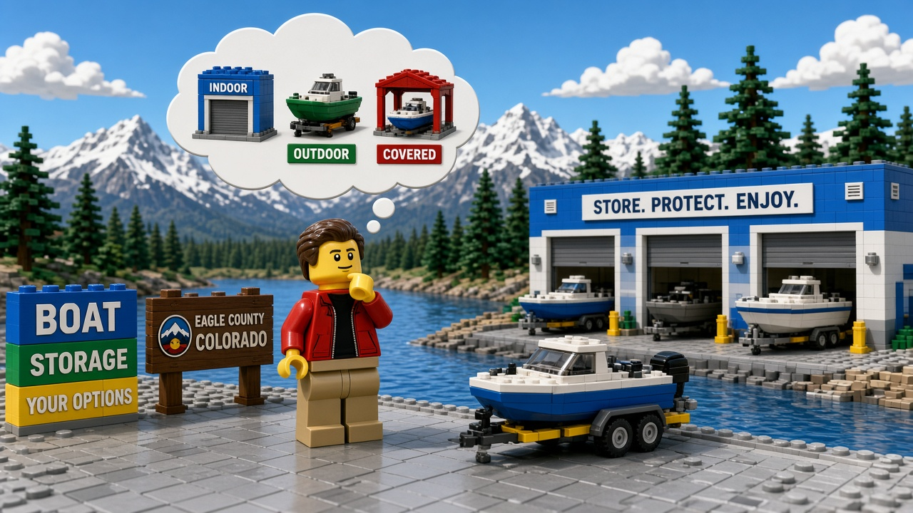 LEGO-style illustration of a boat owner in Eagle County weighing indoor, outdoor, and covered boat storage options