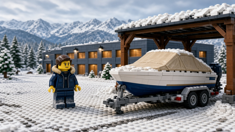 LEGO-style winter boat storage under snow-dusted cover in Eagle County