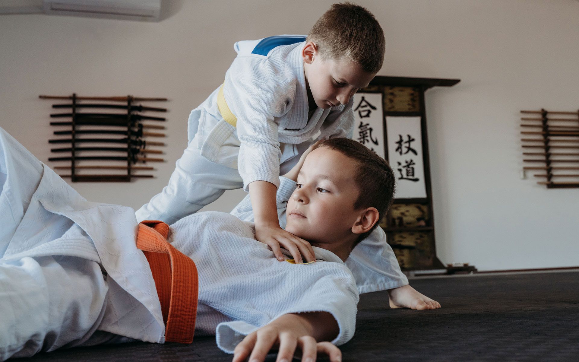 Two young boys are practicing martial arts in a gym.