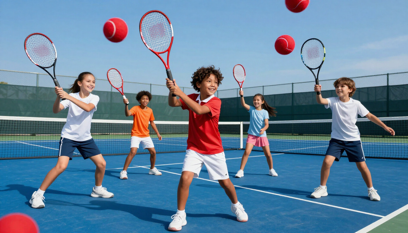 Children playing tennis with red balls