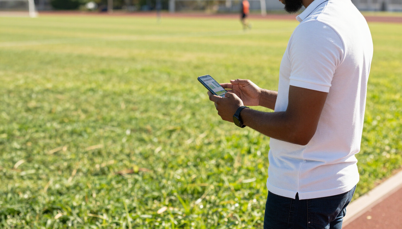 Parent using TeamSnap app at a youth sports field