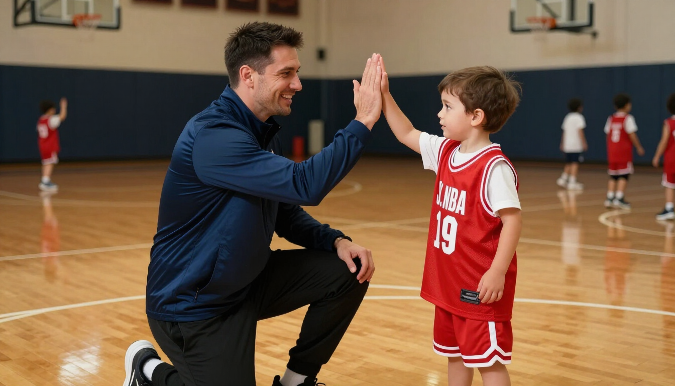 Coach high-fiving a young basketball player