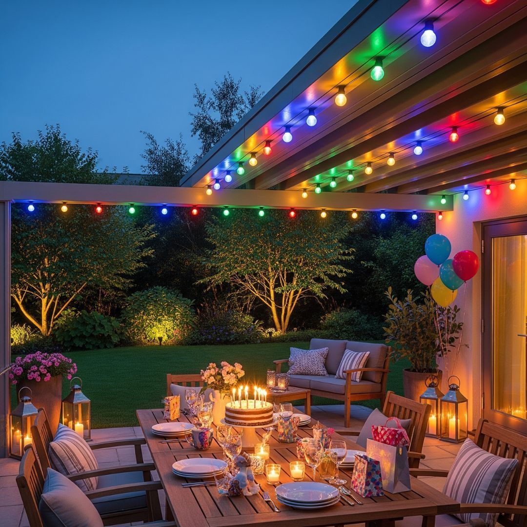 A festive backyard patio is illuminated with colorful permanent lighting to celebrate a special birthday.