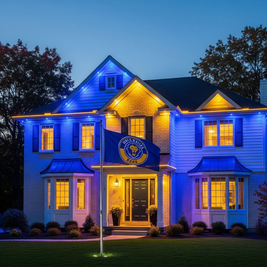 A proud sports fan displays their team's blue and yellow colors using permanent exterior home lighting.