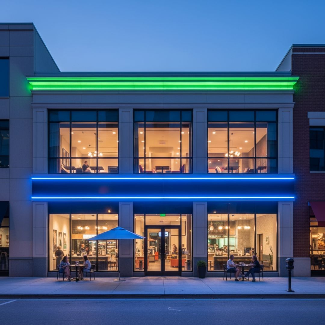 Vibrant commercial building facade with lights matching a brand's colors