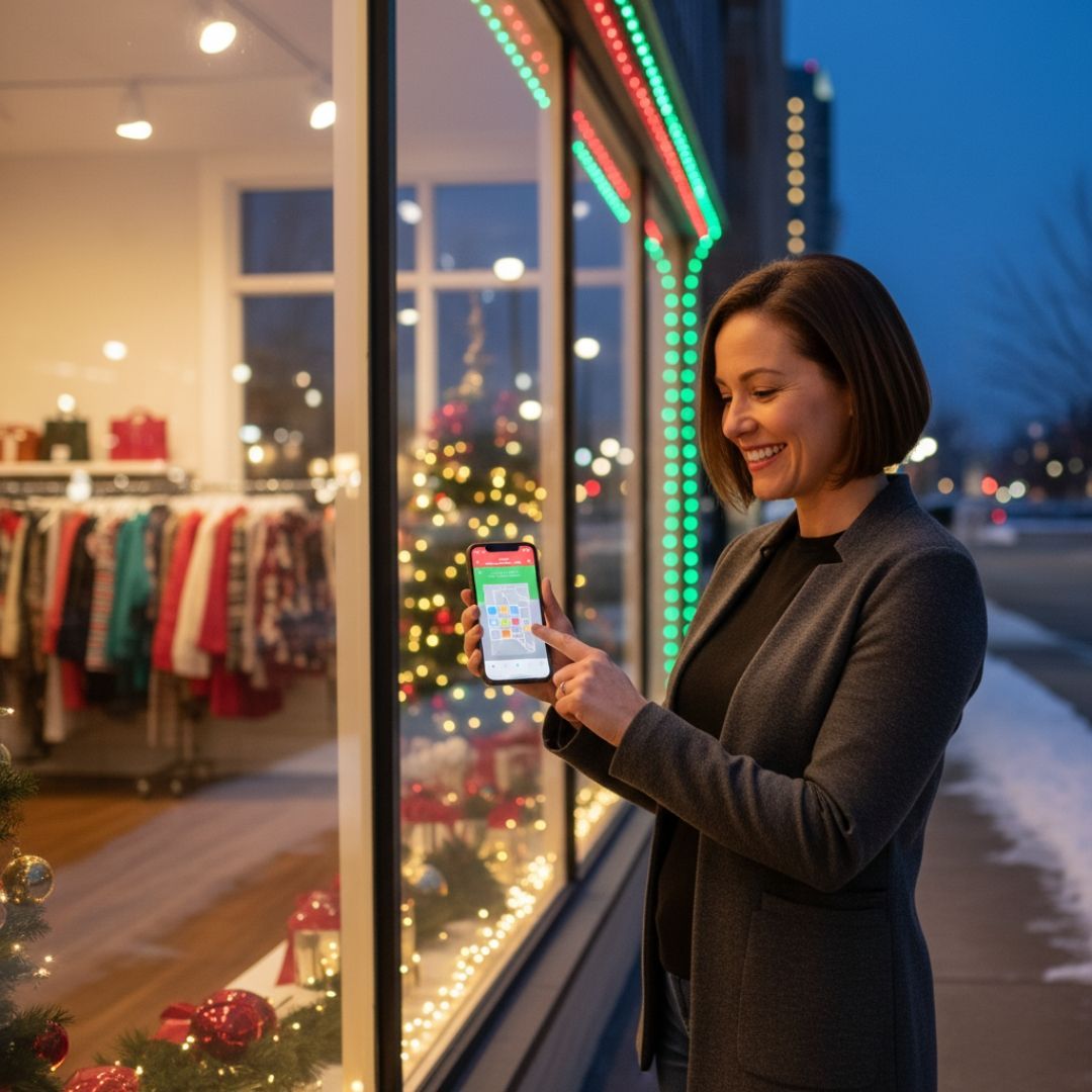 Business owner happily controlling festive store lights via smartphone app