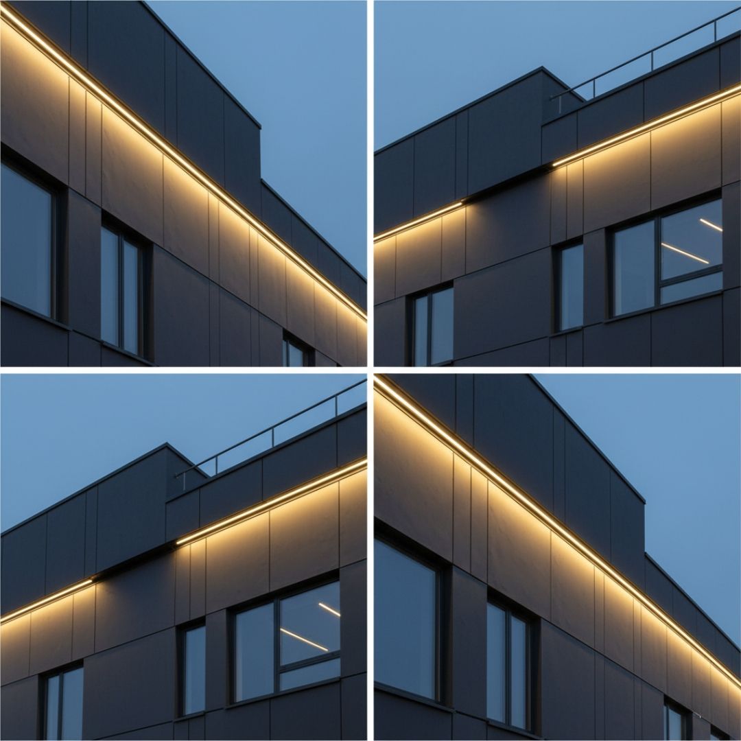Sleek, invisible permanent light strips integrated into a modern building's facade