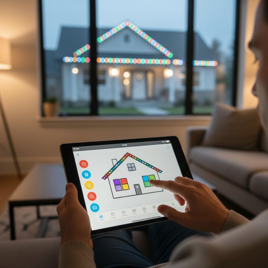 Person safely operating smart home lighting from tablet