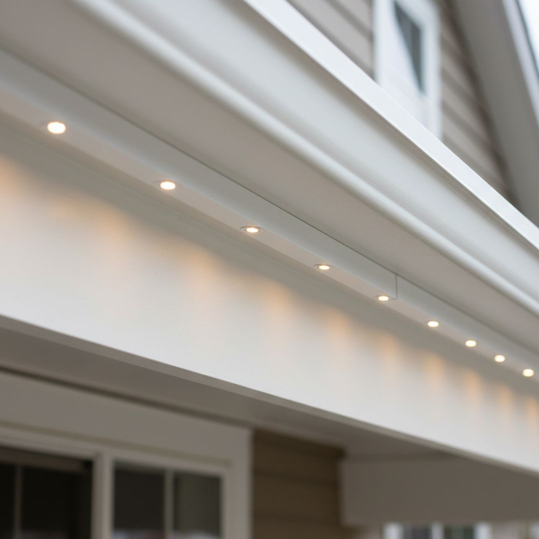 Close up of discreet, trim-matching permanent outdoor lights