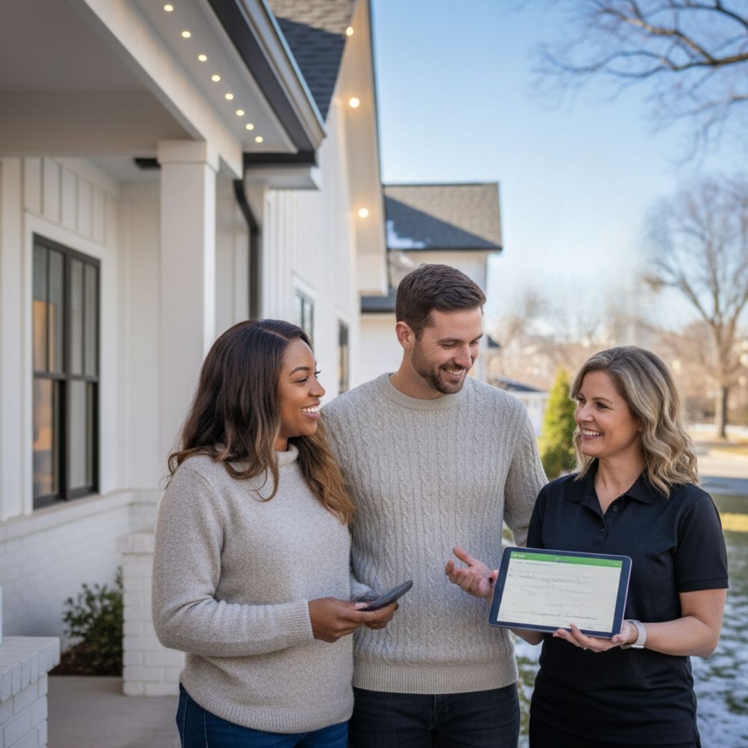 Happy homeowners discussing long-term savings with a professional