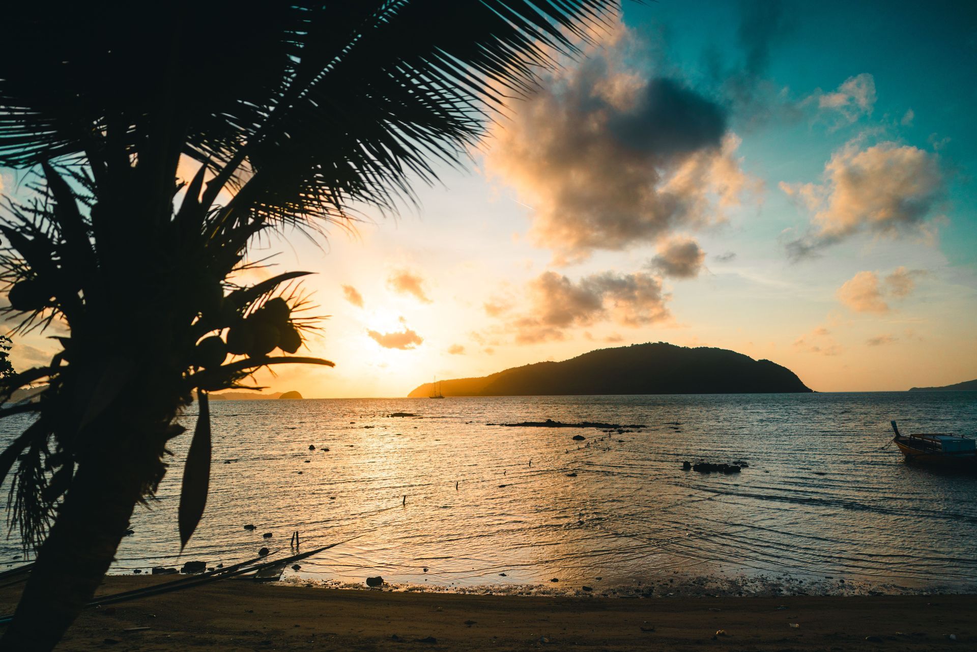Sunset over a tropical beach with palm silhouette, calm waves, and a small island on the horizon