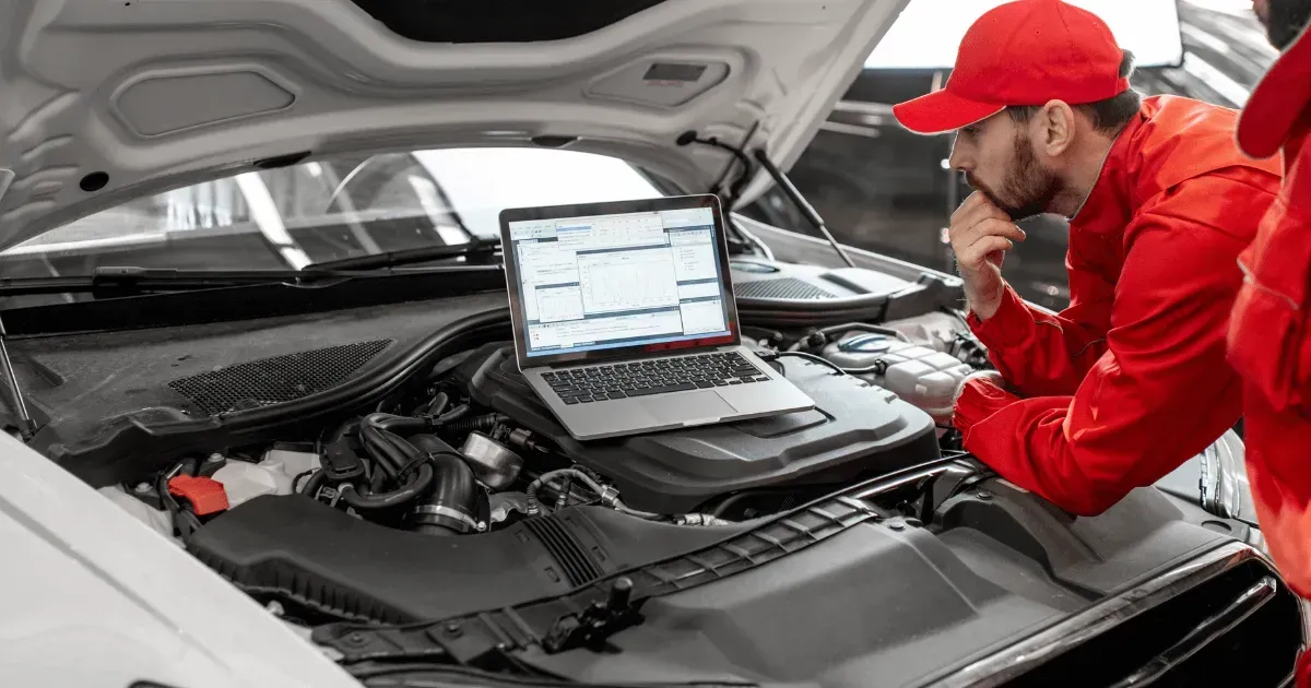 Mechanic running computer engine diagnostics on car