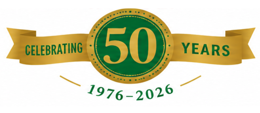 Celebrating 50 years emblem in green and gold, with dates 1976–2026