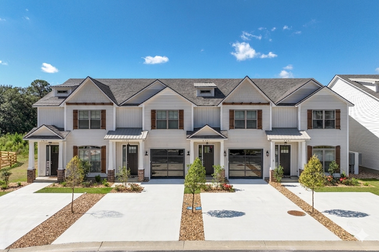 Row of modern white townhouses with garages and driveways under a blue sky