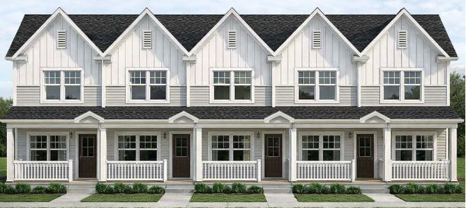 Row of white townhouses with gray roofs and covered porches, fronted by small green lawns
