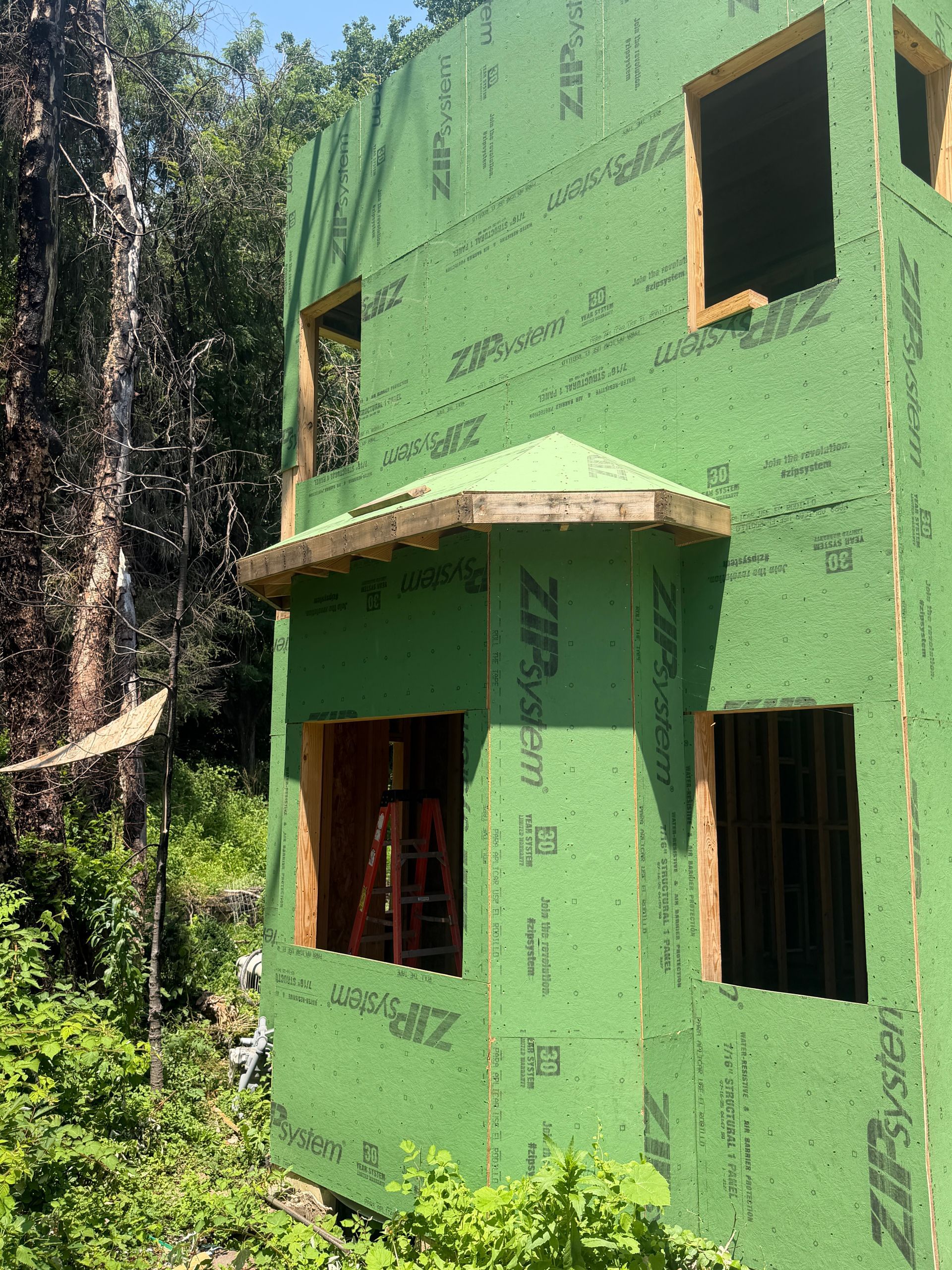 Partially built two-story green house with exposed windows beside dense forest greenery