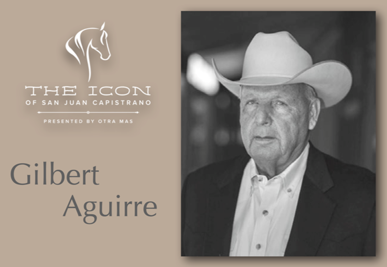Gilbert Aguirre, wearing a cowboy hat and blazer, is featured next to a logo for 
