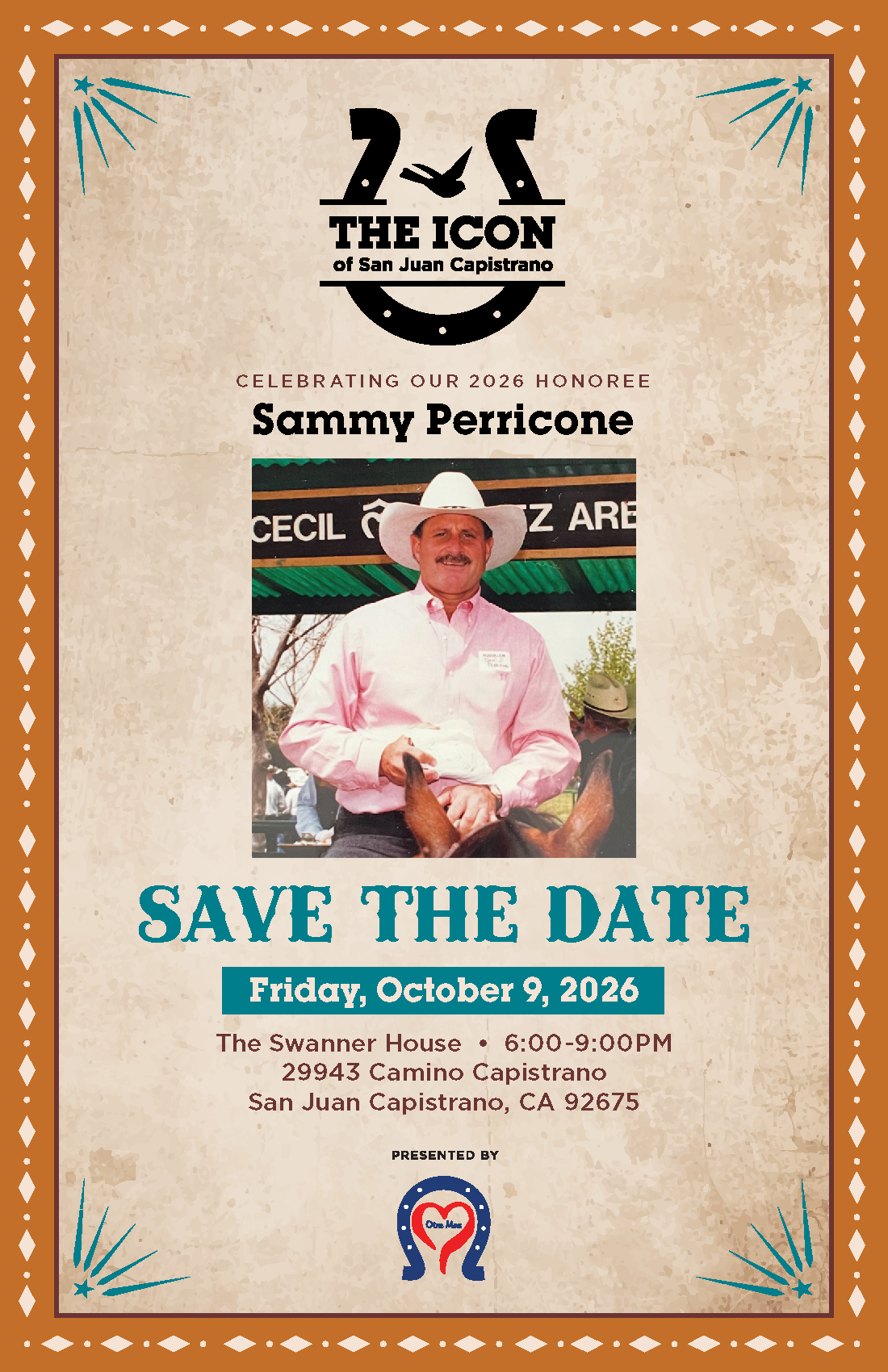 Save the date flyer for Sammy Perricone at The Icon, Friday, October 9, 2026, with his photo.