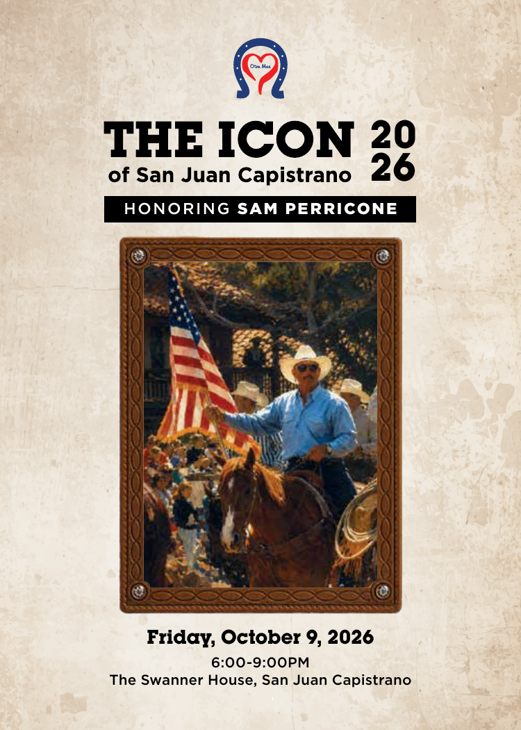 Event poster for “The Icon 20 of San Juan Capistrano 26” featuring Richard “Sam” Pericome and a cowboy riding a horse.