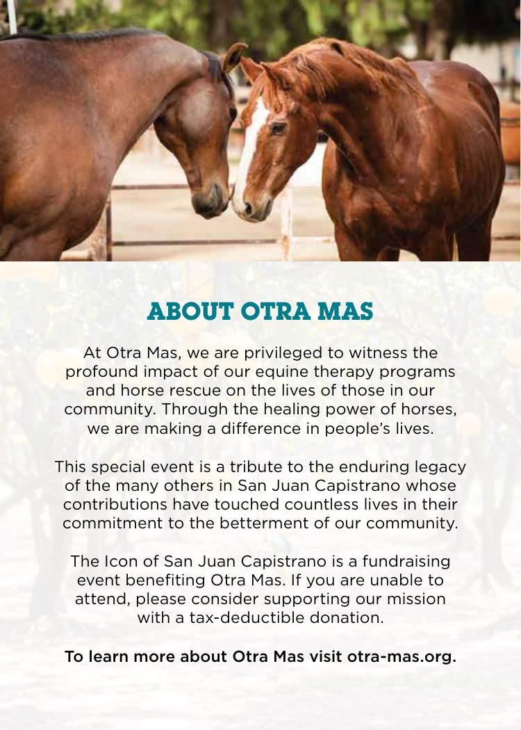 Two horses nuzzle beside a sign reading “About Otra Mas”
