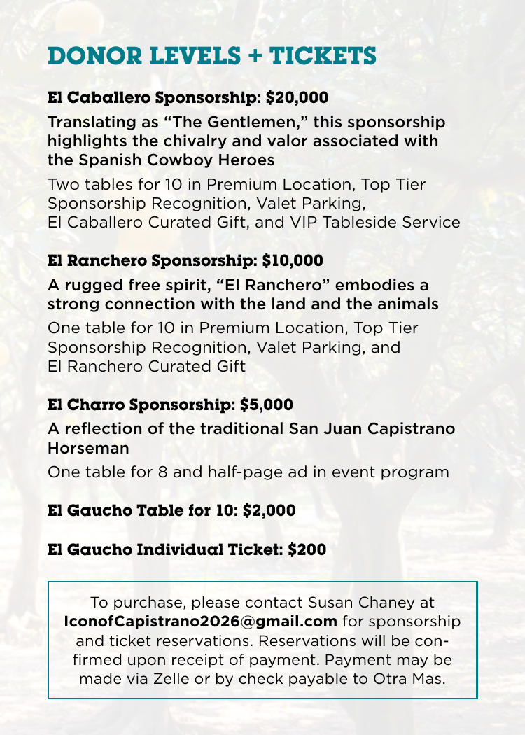 Donation levels and tickets flyer listing sponsorship tiers and event details in blue and black text.