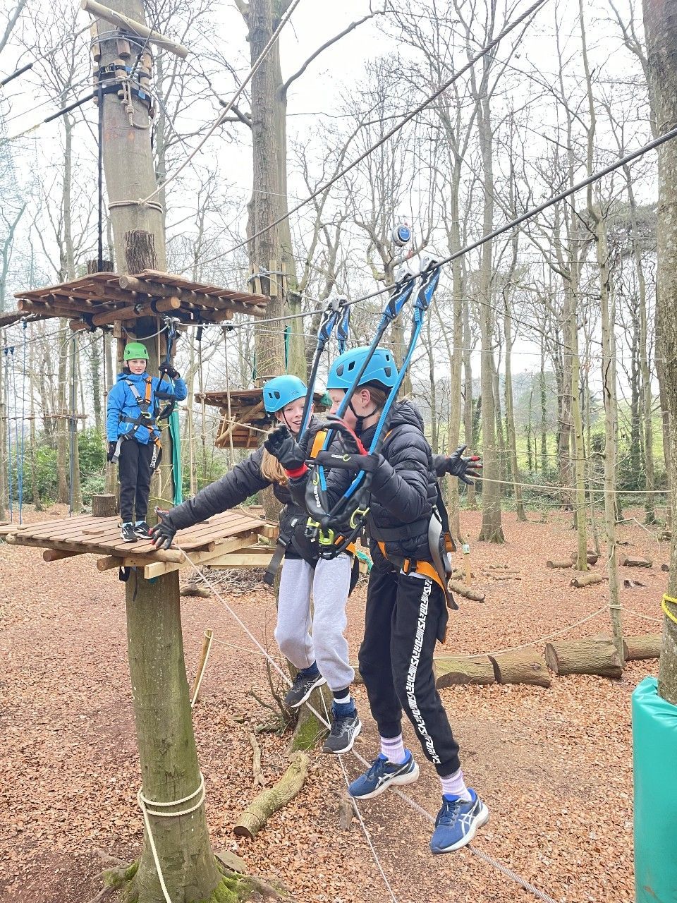 People on an elevated obstacle course in a forest, using safety equipment. zipline wales