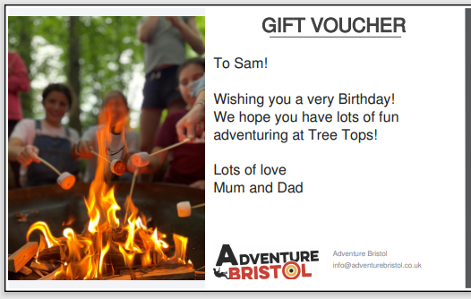 Gift voucher for Sam's birthday from Mum and Dad. Includes a photo of a campfire with marshmallows, adventure at Tree Tops.