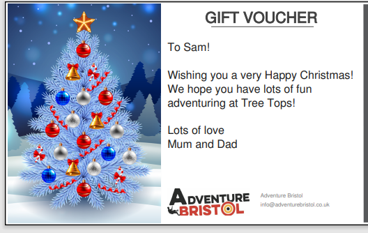 Gift voucher for Sam, wishing a Happy Christmas, to Adventure at Tree Tops. A Christmas tree on the left.