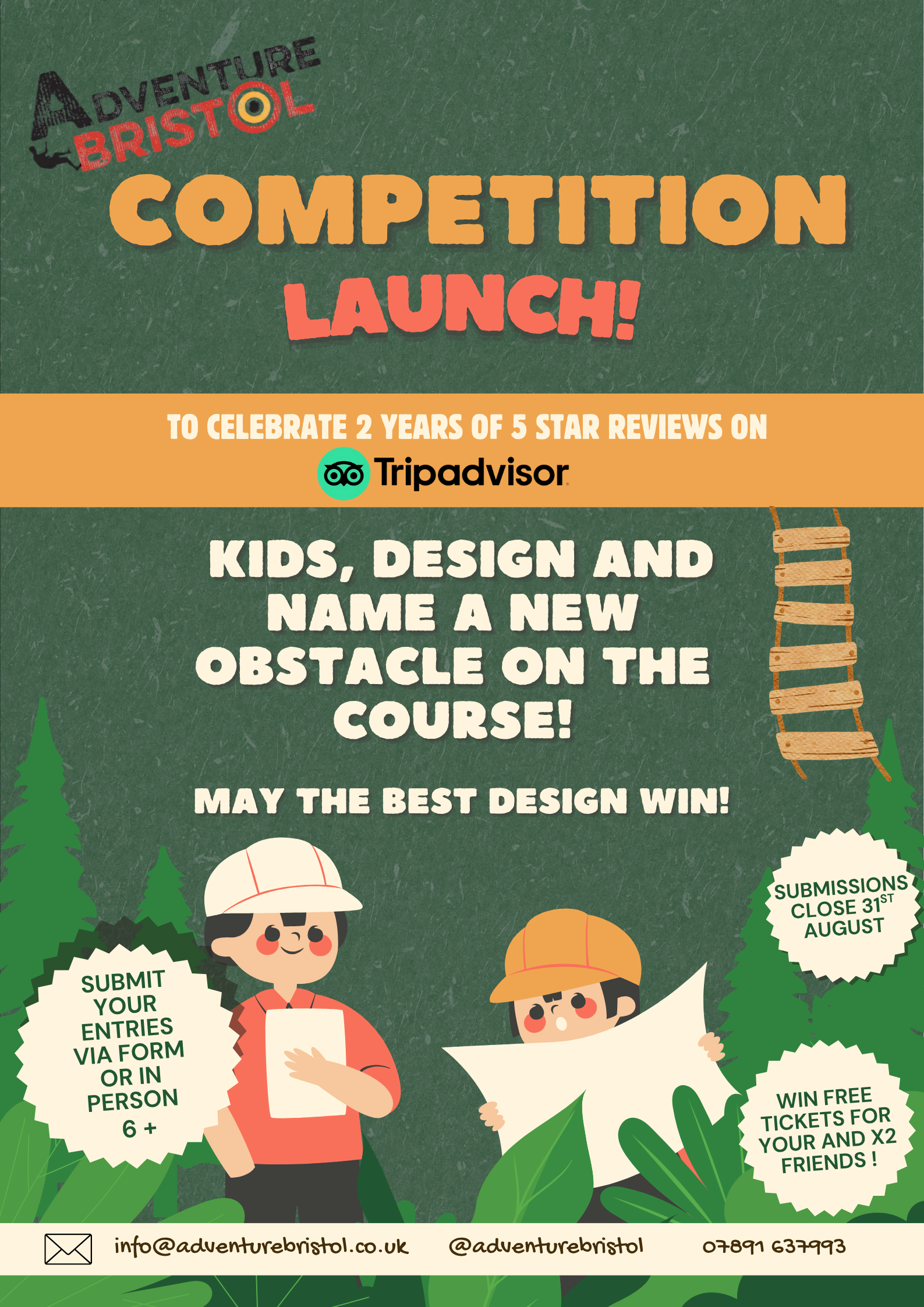 Poster for Adventure Bristol competition: Kids design & name new course obstacle. Green background, cartoon illustrations.