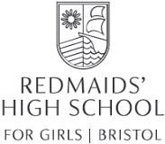 Redmaids' High School logo, crest with sun, ship, and striped sea, below