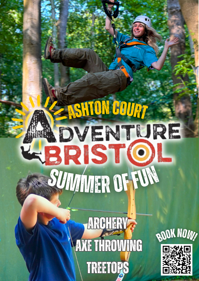 Adventure Bristol poster. Person on zipline, boy with bow, bright colors, outdoor setting.