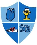 School crest with book, trophy, scroll, and