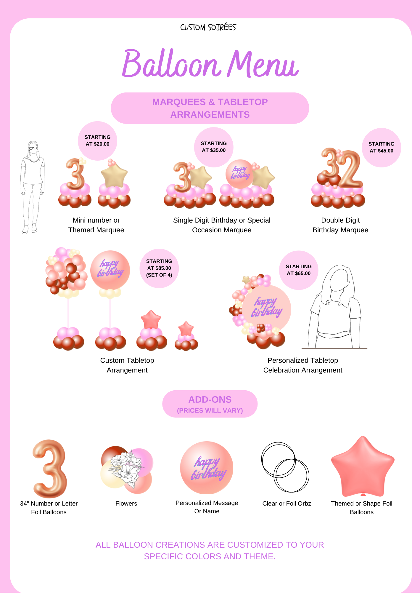 A pink balloon menu for a birthday party