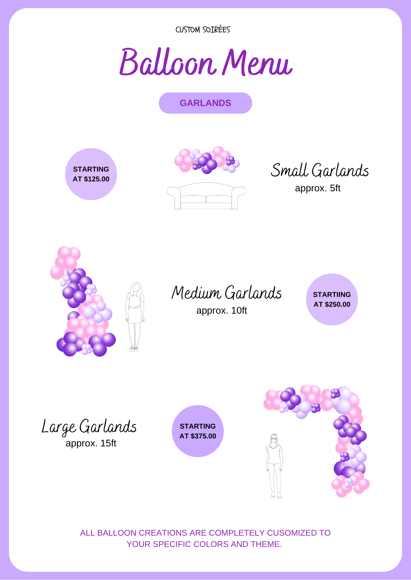 A balloon menu with purple and pink balloons