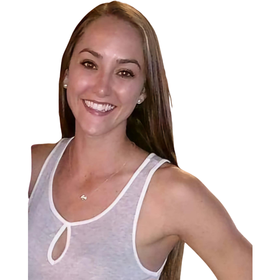 A woman is smiling and wearing a white tank top