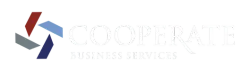 Logotipo da Cooperate Business Services, apresentando um design geométrico abstrato em forma de catavento nas cores bordo, azul e cinza.