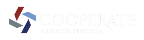 Logotipo da Cooperate Business Services, apresentando um design geométrico abstrato em forma de catavento nas cores vermelho, azul e cinza.