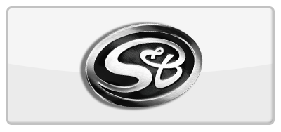 Silver logo within a white rectangle; stylized